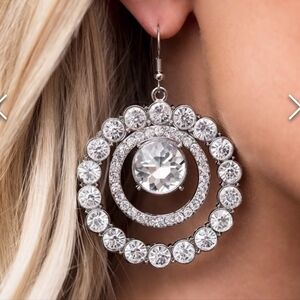 Glitzy Gamble Earrings Large Circle Rhinestone White Silver